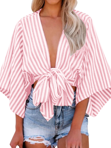 Pink Striped V-Neck Tie Flare Sleeve Blouse