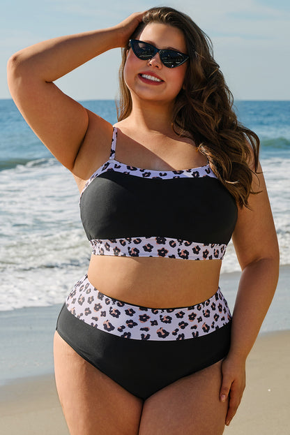 Black 2pcs Leopard Patchwork Plus Size High Waisted Swimsuit