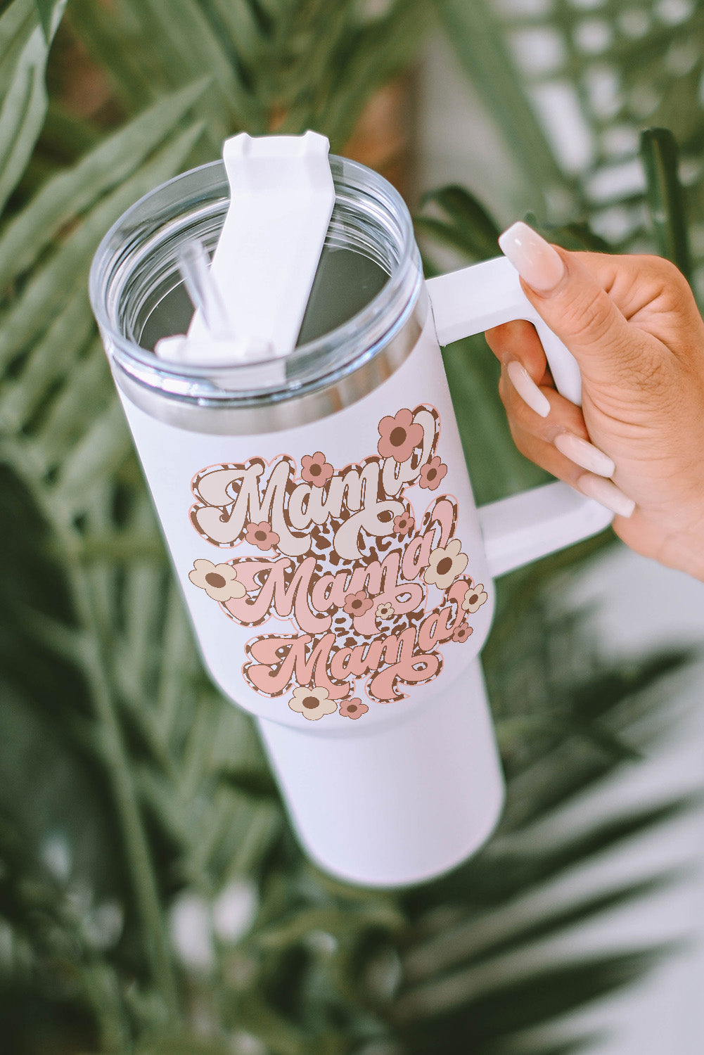 Taza de vaso con aislamiento de acero inoxidable con estampado de leopardo y flor de mamá blanca de 40 oz