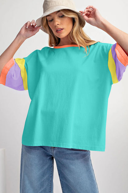 Green Color Block Sleeve Round Neck Oversize Top