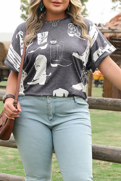 Gray Plus Size Western Boots Print Crew Neck T Shirt