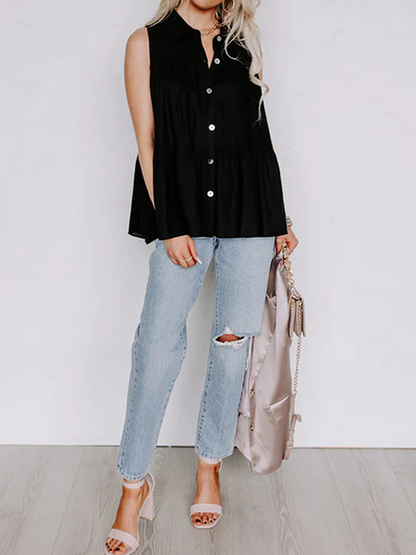 Black Button Up Tiered Sleeveless Top