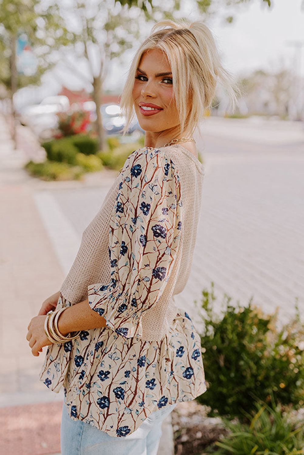 Beige Faux Two Piece Knit Patchwork Floral Plus Size Top