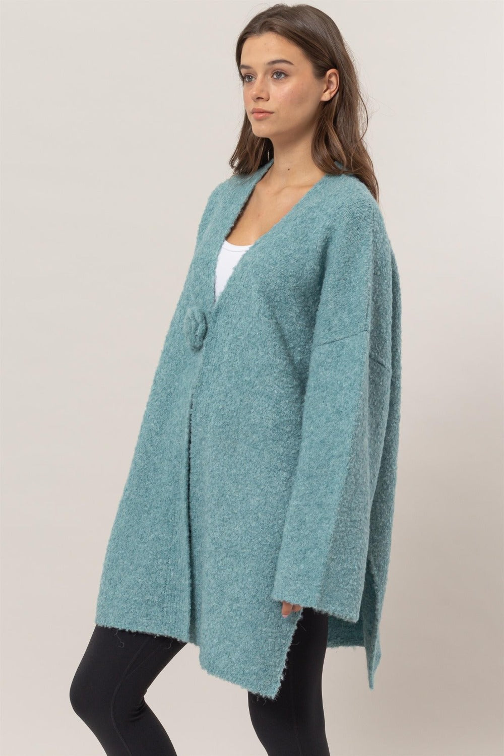 Ocean Blue Front Rosette Longline Slit Sweater Cardigan