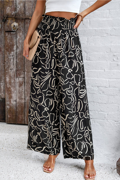 Black Boho Floral Print Elastic Waist Frill Pants