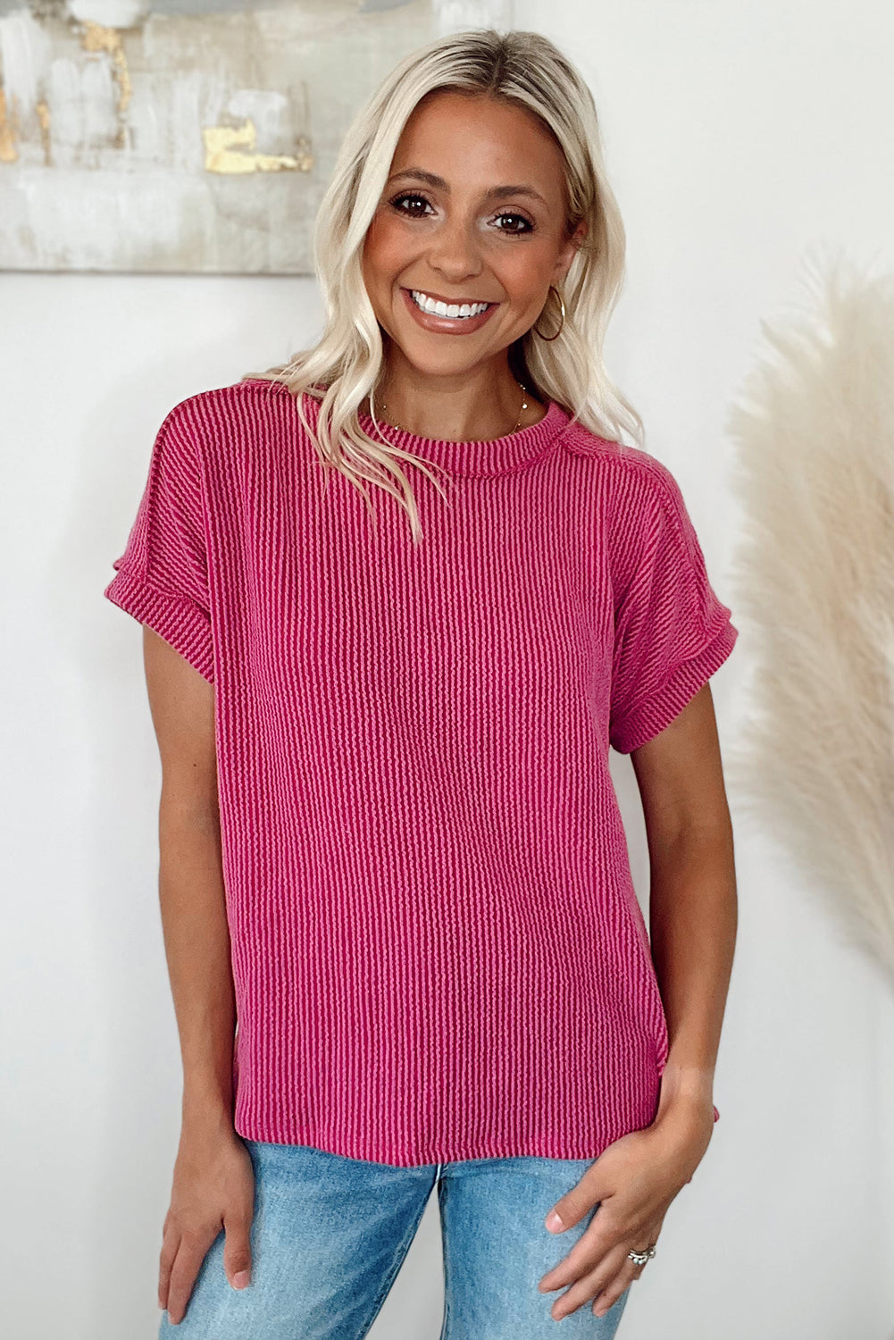 Rose Red Textured Knit Round Neck T-shirt