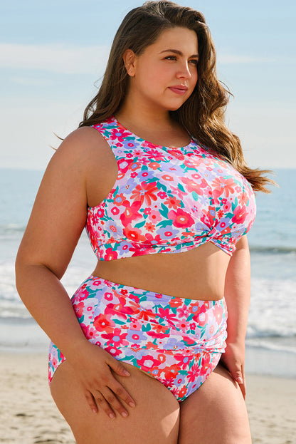 Rose Plus Size Floral Print Twisted High Waist Bikini Set