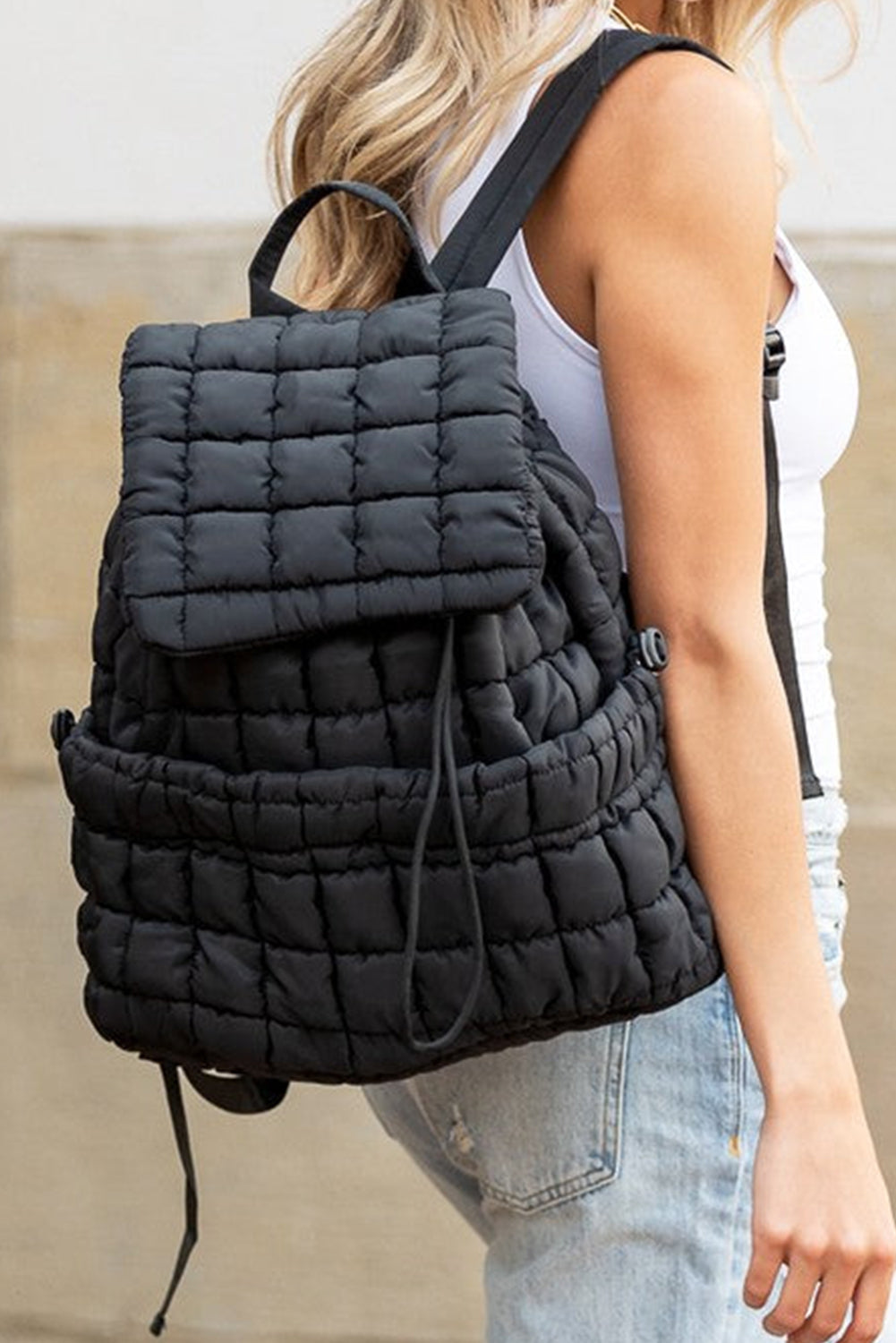 White Solid Flapped Quilted Puffer Backpack