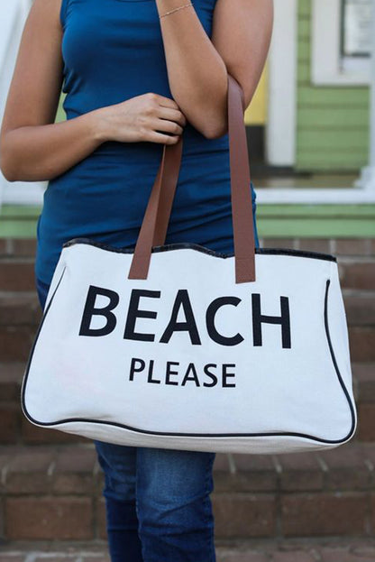 Bright White BEACH PLEASE Print Bolsa grande de lona