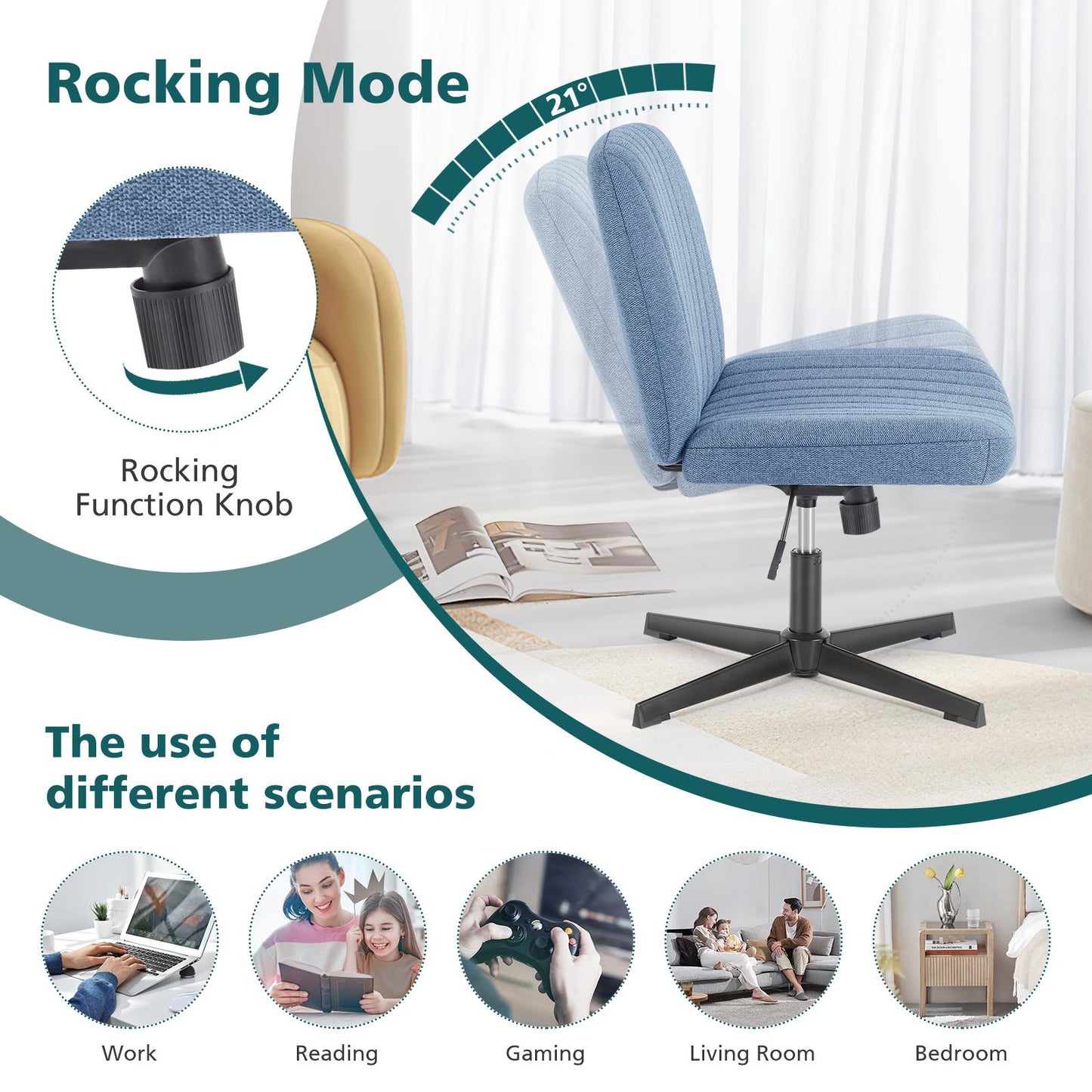 Blue Wide Armless Swivel Home Office Chair