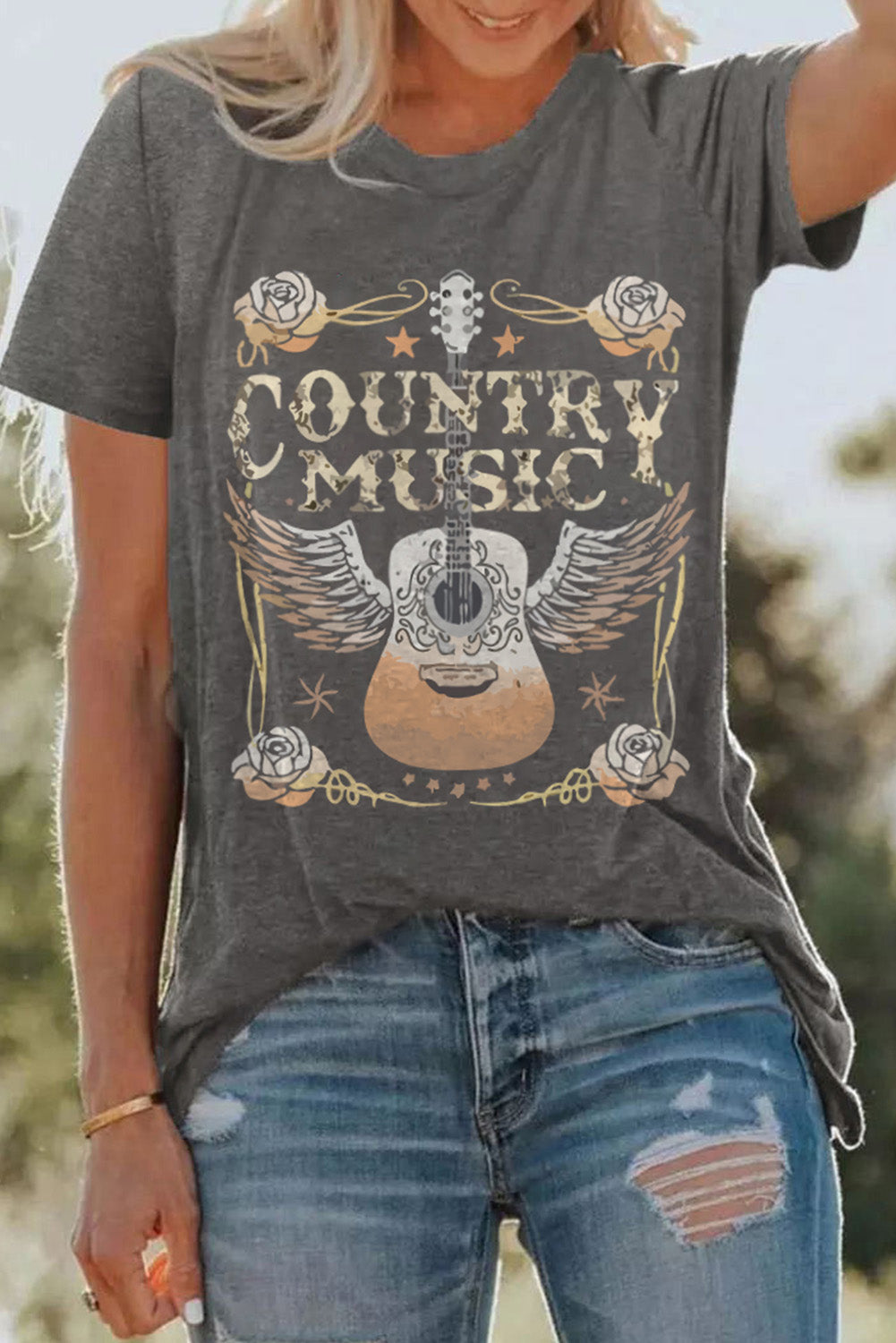 Camiseta gris con cuello redondo y estampado gráfico de guitarra COUNTRY MUSIC