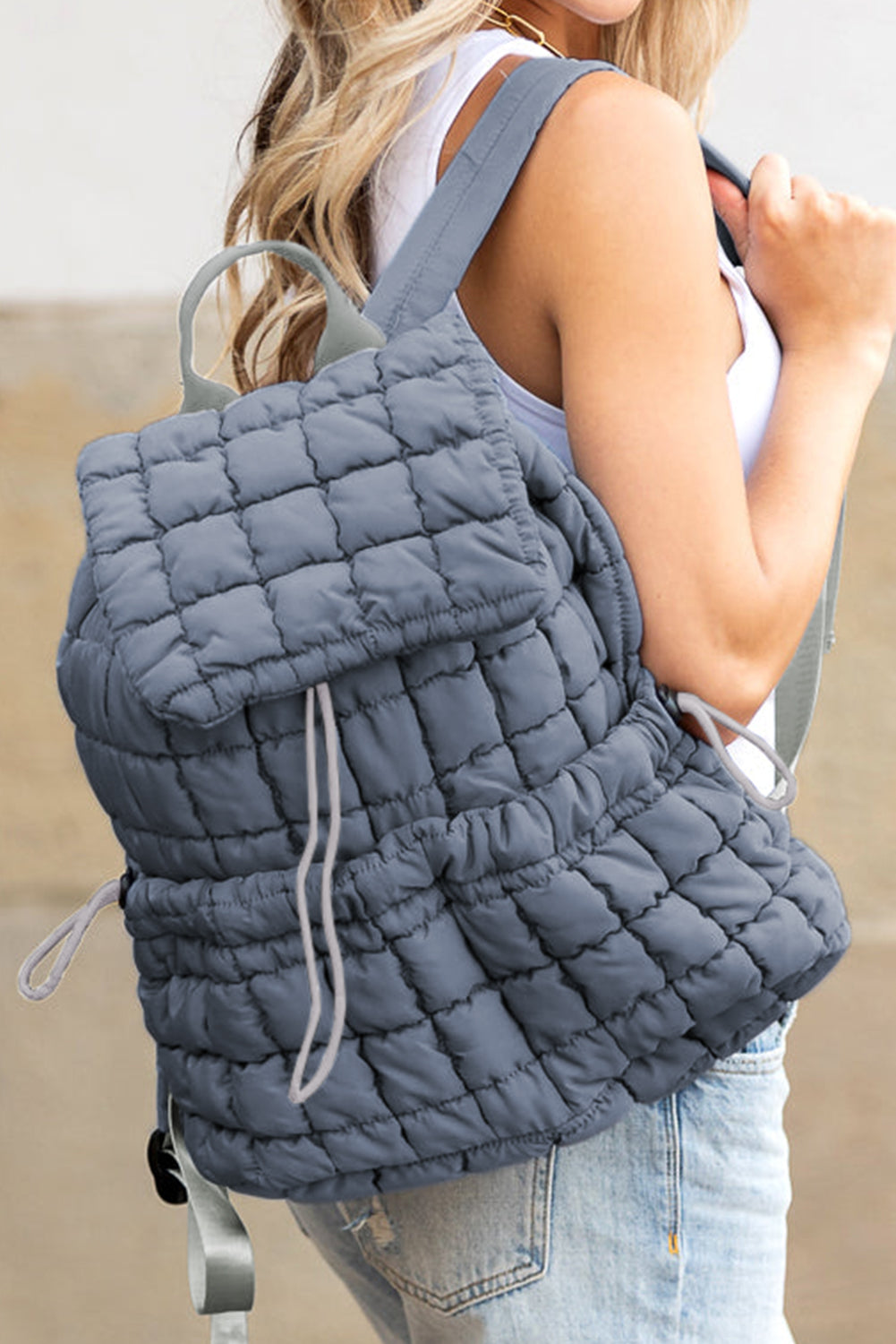 Medium Grey Solid Flapped Quilted Puffer Backpack