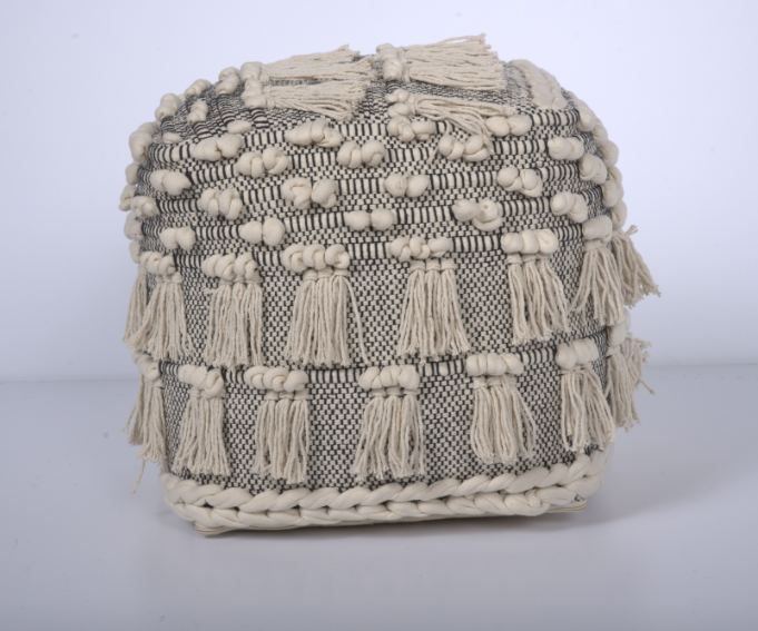 Ivory Angelic Handcrafted Fabric Pouf w/ Tassels