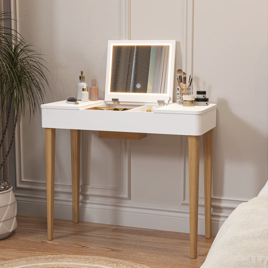 Flip-Up Touch Mirror w/ Lights & Solid Wood Legs Vanity