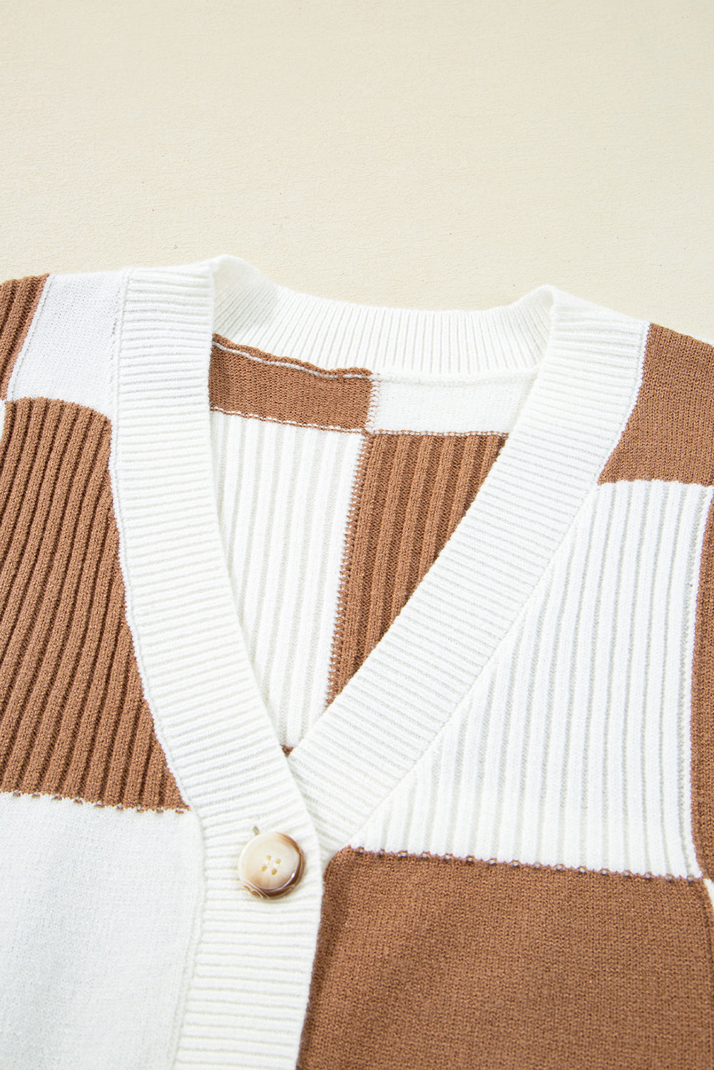 Khaki Checkered Pattern Button V Neck Ribbed Knit Cardigan