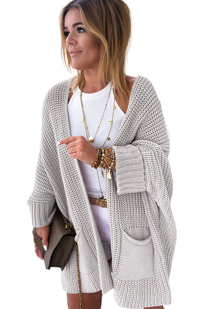 Gray Batwing Sleeve Pocket Oversized Cable Knit Cardigan