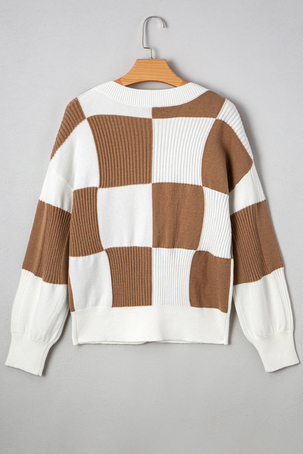 Khaki Checkered Pattern Button V Neck Ribbed Knit Cardigan