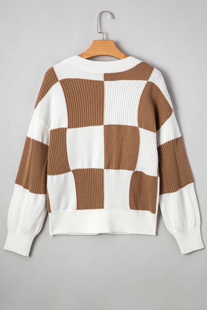 Khaki Checkered Pattern Button V Neck Ribbed Knit Cardigan
