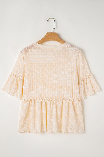 Beige Solid Color Lace Textured Ruffle Blouse