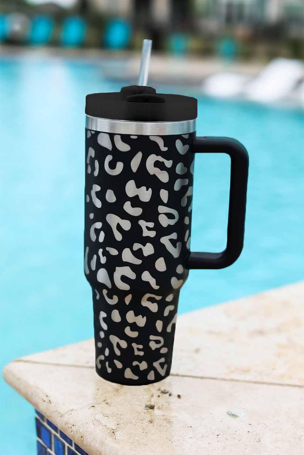 Pink 40oz Stainless Steel Portable Leopard Tumbler Mug With Handle