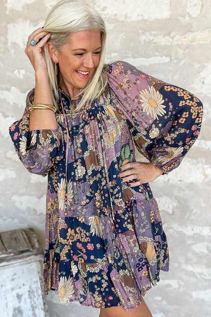 Purple Boho Floral Print Puff Sleeve Flowy Mini Dress