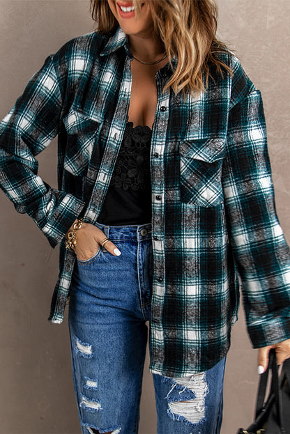 Button Up Collared Flannel Shirt Shacket with Flap Pockets