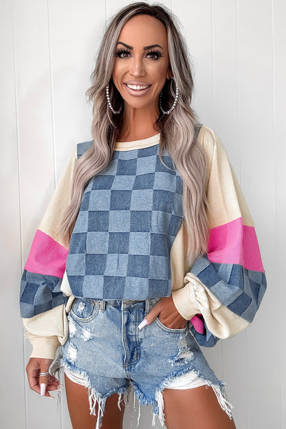 Sky Blue Oversized Checkered Denim Exposed Seam Patchwork Casual Sweatshirt