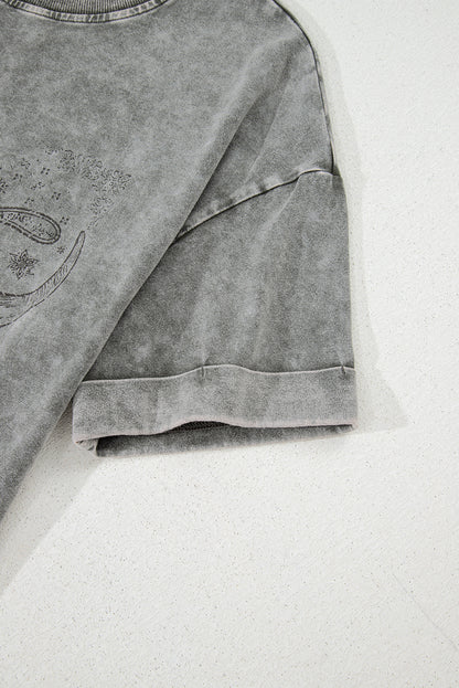 Light Grey Western Steer Head Tie Dye Print Crew Neck T Shirt