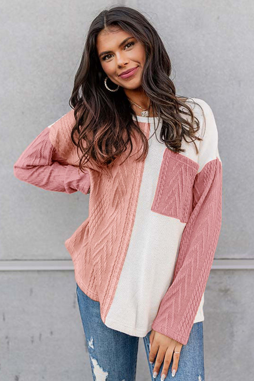 Long Sleeve Colorblock Chest Pocket Textured Knit Top