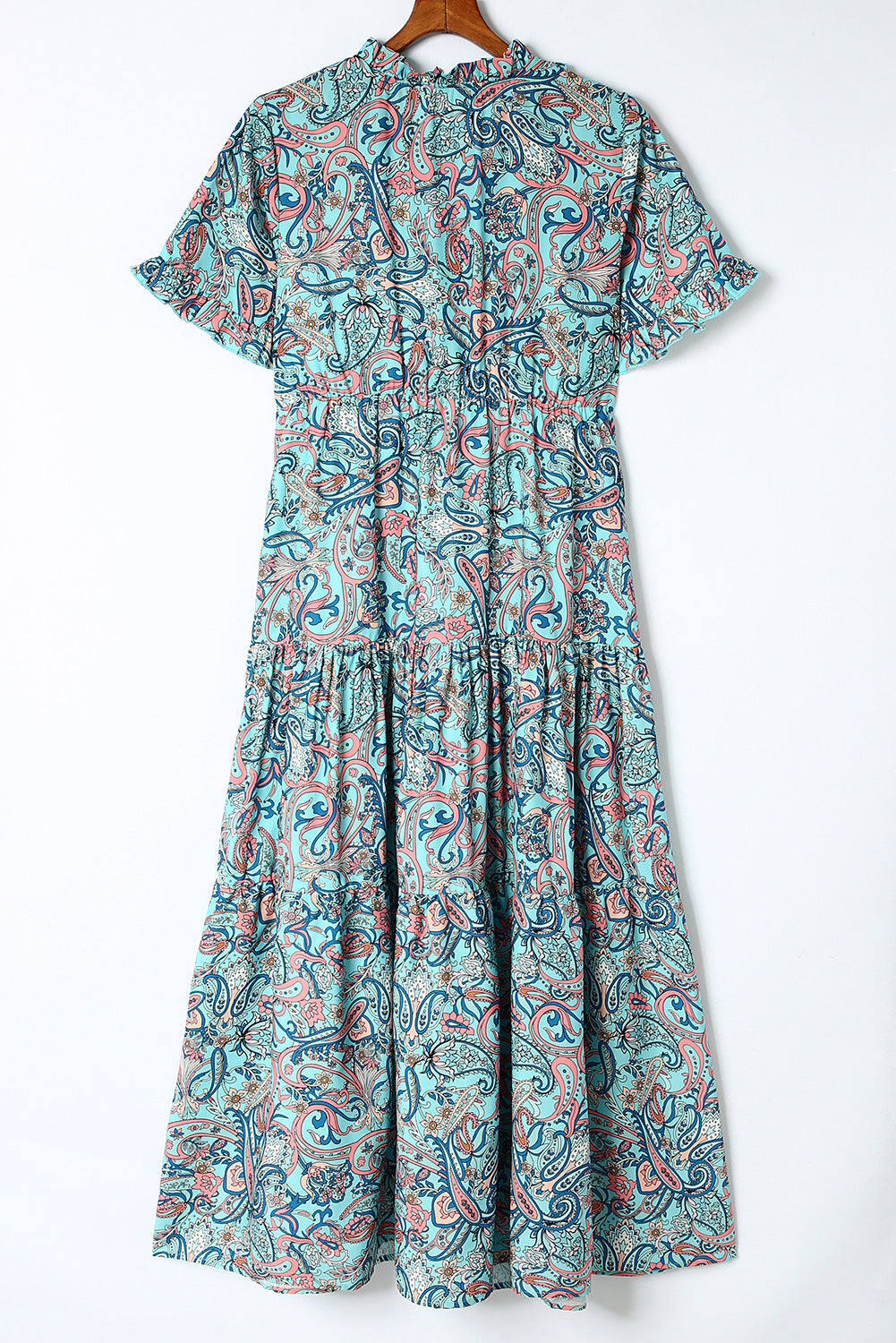 Vestido largo estampado de paisley con cuello en V dividido y escalonado boho azul cielo