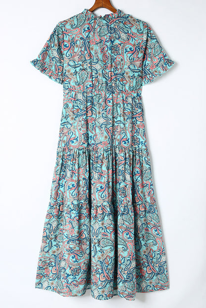 Sky Blue Paisley Print Split V Neck Tiered Boho Maxi Dress