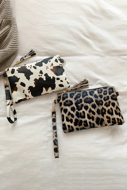 Cartera con cremallera y correa para la muñeca con estampado de leopardo castaño