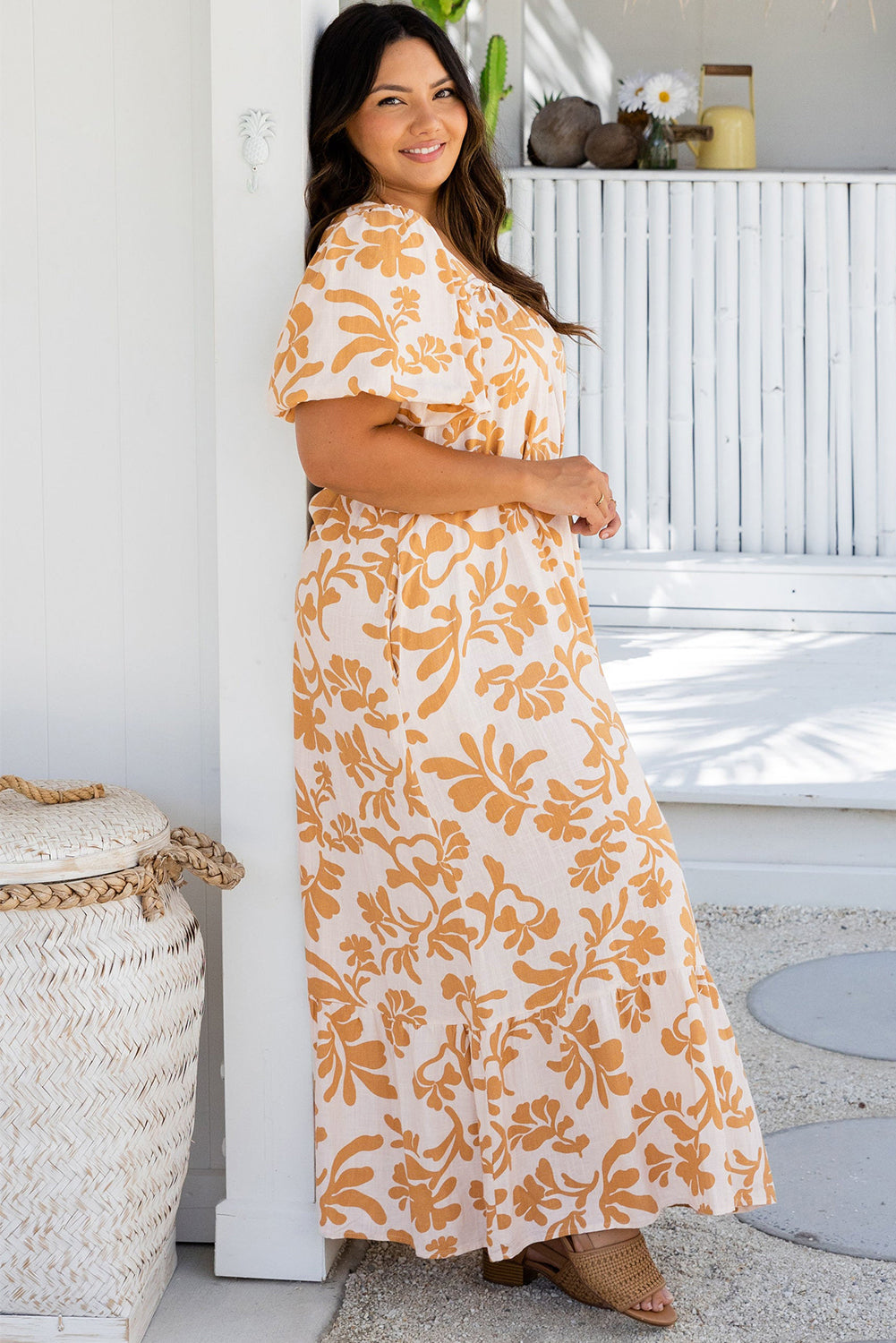 Apricot Floral Print Puff Short Sleeve Plus Size Maxi Dress