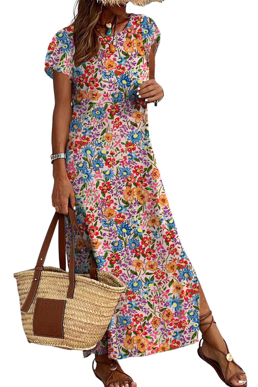 Multicolor Floral Print Ruffle Sleeves Open Back Maxi Dress