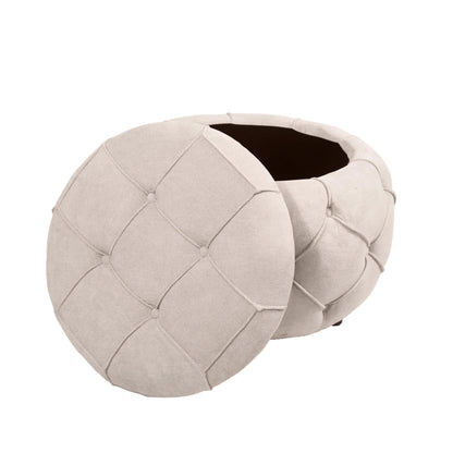 Beige Large Button Tufted Woven Round Storage Footstool