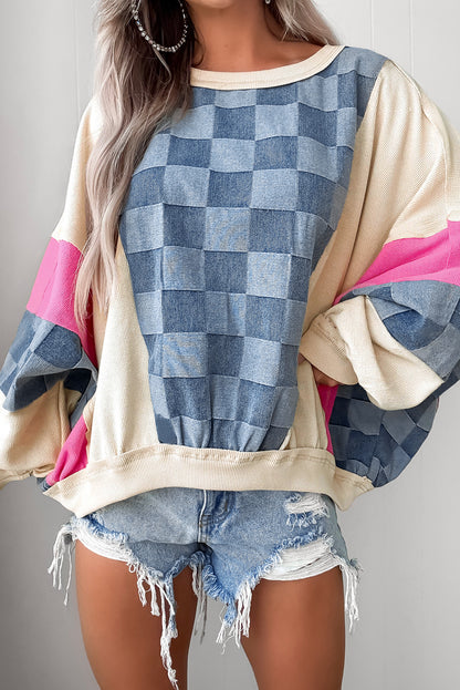 Sky Blue Oversized Checkered Denim Exposed Seam Patchwork Casual Sweatshirt