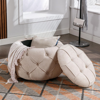 Beige Large Button Tufted Woven Round Storage Footstool