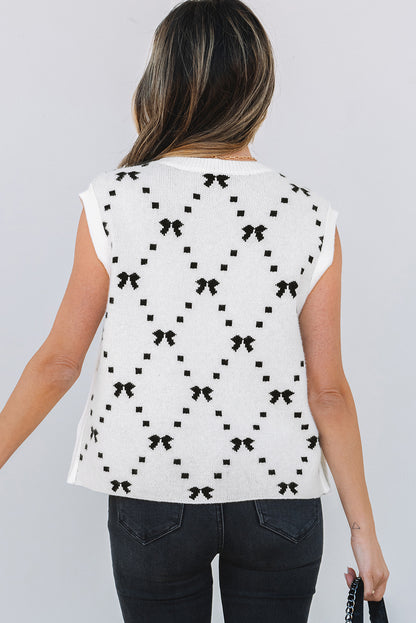 White Bow Pattern Buttoned Side Cropped Sweater Vest