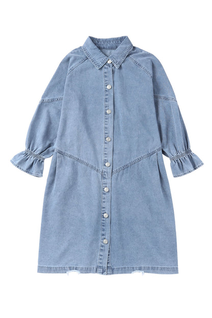 Gray Casual Buttoned Ruffle Cuffs Denim Short Dress