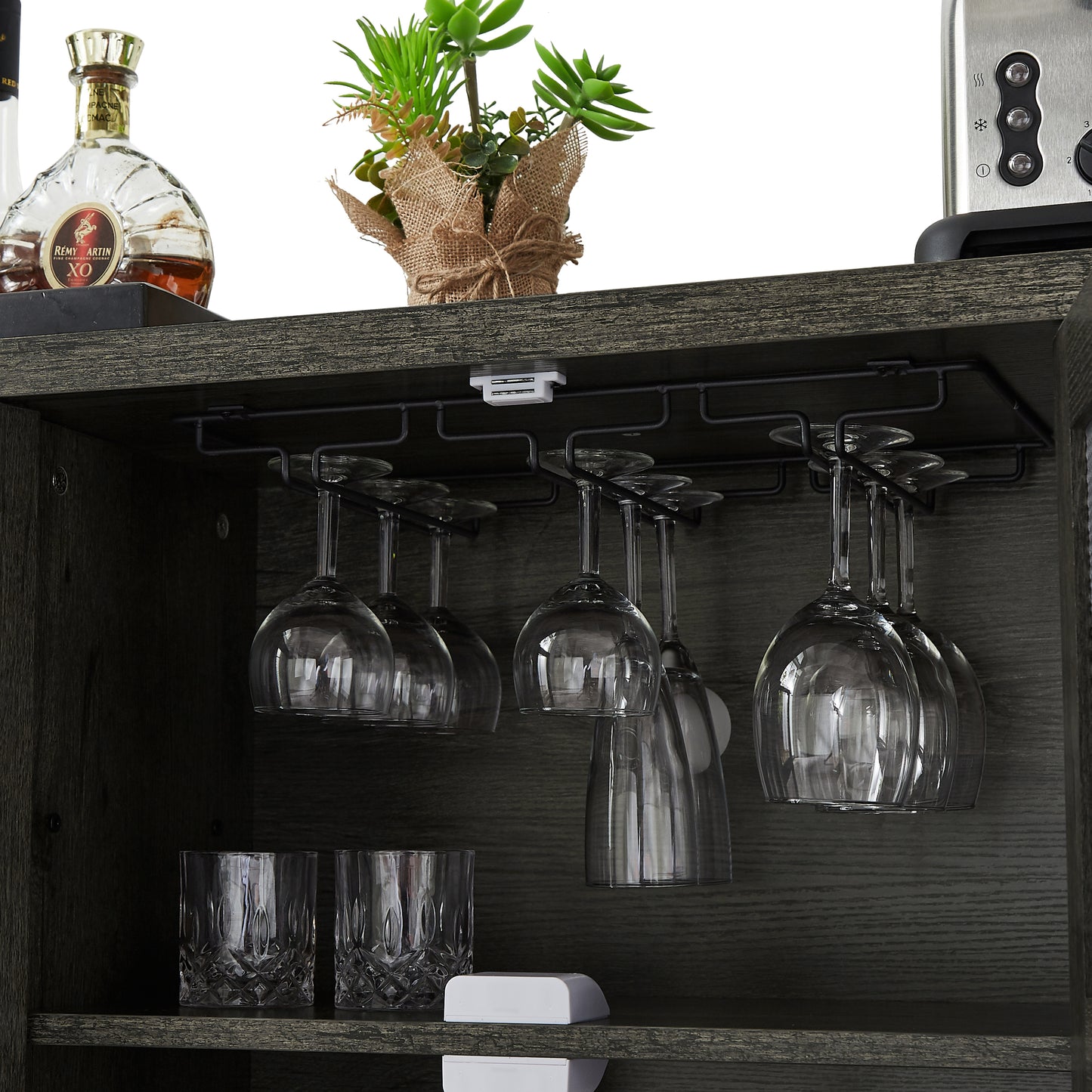 Black Gray Industrial Wine Bar Cabinet w/ Wine Racks & Stemware Holder