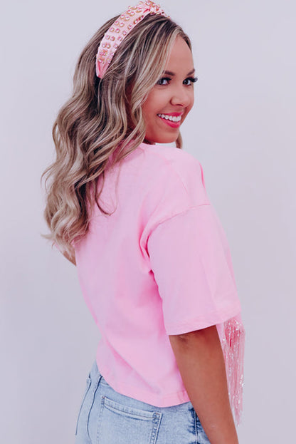 Pink Fringe Sequin Hem Cropped T-shirt