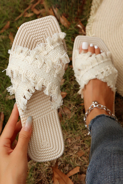 Beige Tassel Woven Crossed Straps Flat Sandels