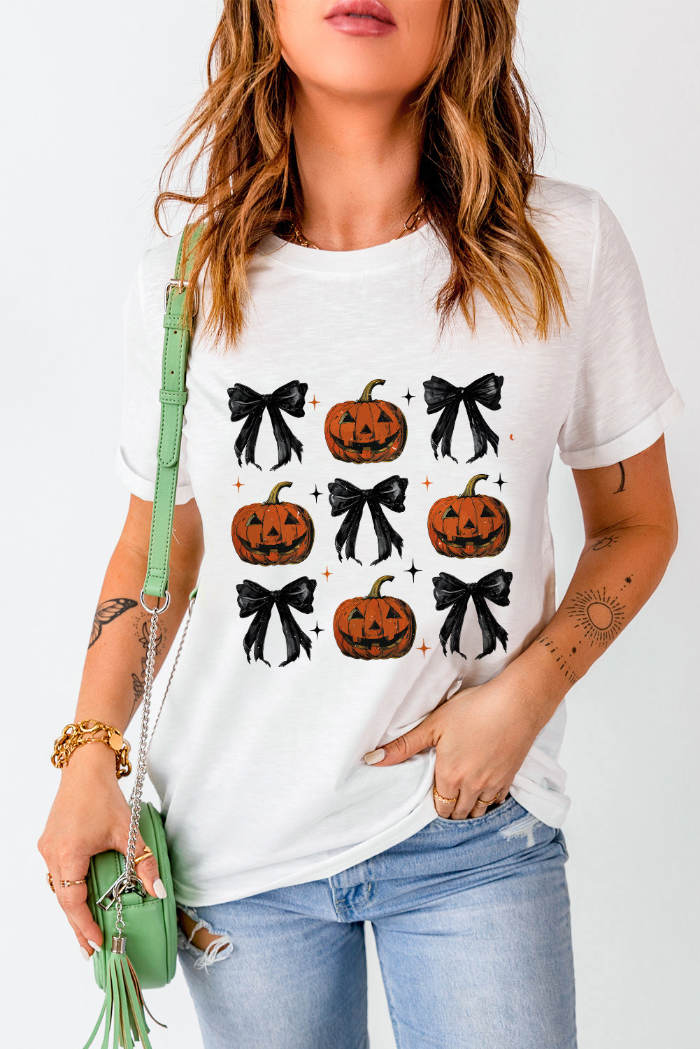 White Halloween Pumpkin Face Bowknot Graphic T Shirt