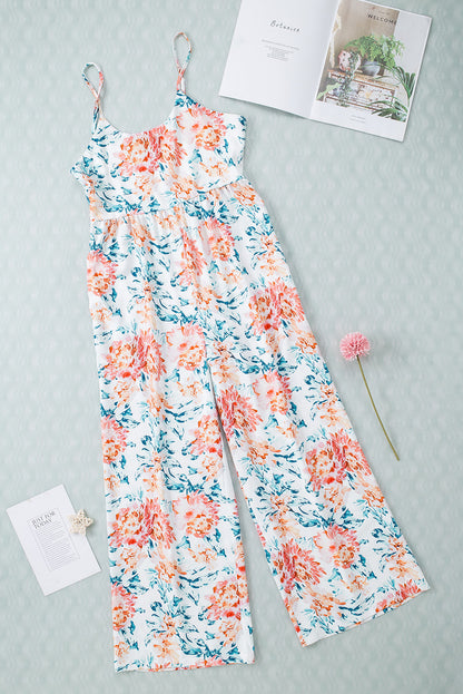 White Floral Spaghetti Straps Wide Leg Jumpsuit