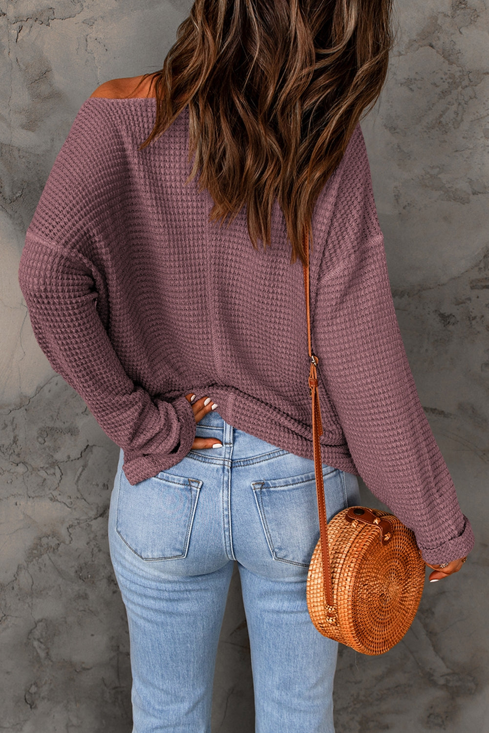 Waffle Drop Shoulder Long Sleeve Top