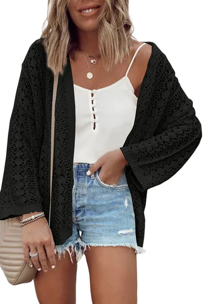 White Hollow Out Crochet Knit Drop Shoulder Open Front Cardigan