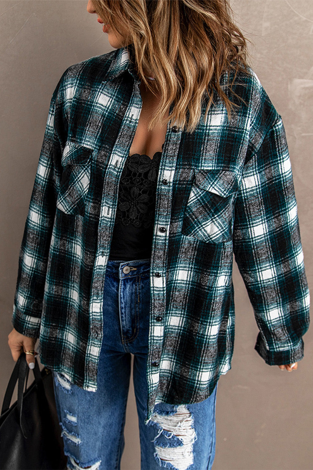 Button Up Collared Flannel Shirt Shacket with Flap Pockets