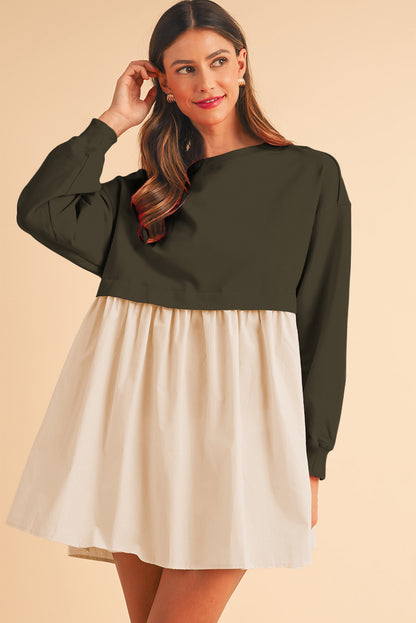 Khaki Sweatshirt 2-in-1 Flowy Pleated Mini Dress