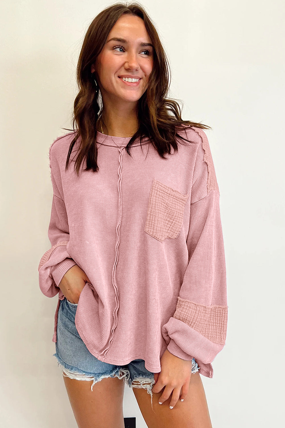 Crinkle Patchwork Long Sleeve Top