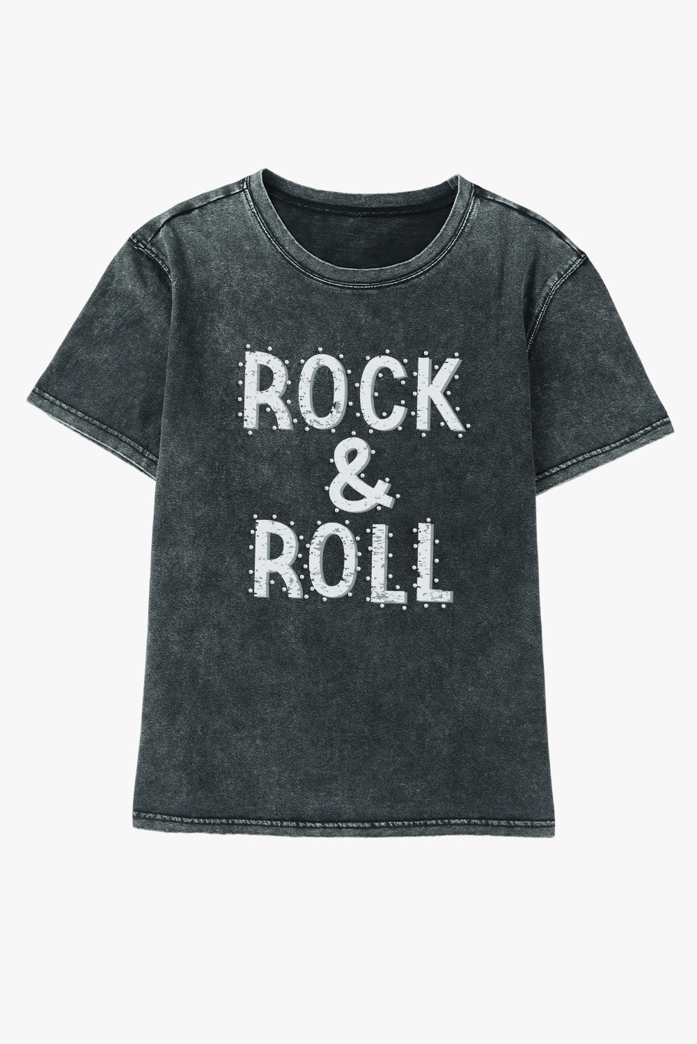 Camiseta negra con cuello redondo y estampado de lavado mineral con cuentas ROCK &amp; ROLL